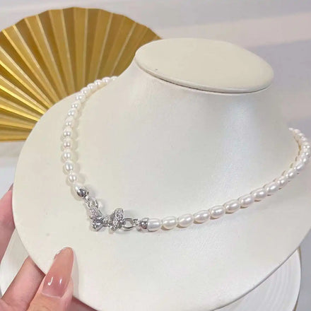 Brand New Bow Drawstring Buckle Collarbone Chain 42cm Long 5-6mm Natural Freshwater Rice Pearl Fashion Necklace