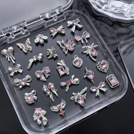 Silver Pink Diamond Bow Tie Butterfly Luxury Zircon Metal Alloy Nail Jewelry 3D Nail Art Decorations