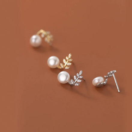 925 Sterling Silver CZ Crystal Leaf Synthetic Pearl Wedding Stud Earrings for Women Jewelry