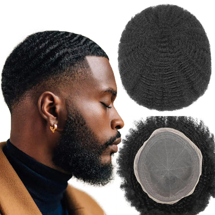 Afro Wave Hair Units for Men Full French Lace Hair Replacement Black Male Curly Afro Toupee African American Human Hair Men Wigs