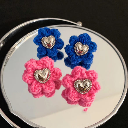 Silver Needle Wool Flower Earrings Temperament Handmade Crocheted Petal Flowers Stud Earrings Pendientes De Mujer