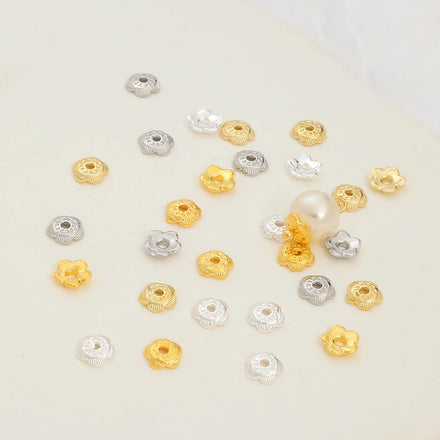 DIY Accessories 18K Gold Plated Strongly Preserve Color Bead Caps 6mm Flower Hat Pearl Base Pedestal Five Leaf Pattern