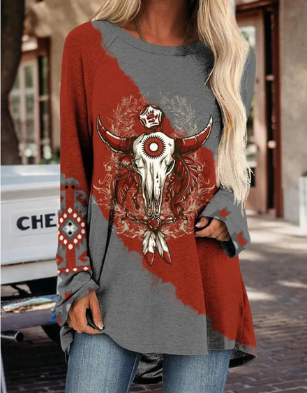 Wholesale 2025 Women's Vintage Oversized Long Sleeve Loose Tee Shirts Tops Aztec Cow Bull Head Print Sweatshirts