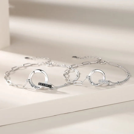 Brief Black English Letter Bracelets Inlay Zircon Double Loop 925 Sterling Silver Chunky Long Link Chain Bracelets
