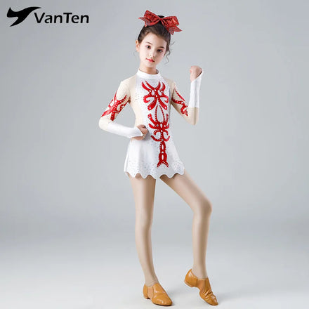 Figure Skating Dress Long Sleeves Nude Mesh Tutu Skirt Children Performance Wear Dress Skating Dress