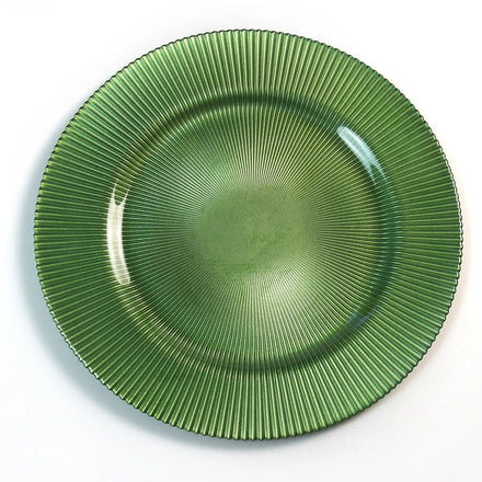 Wholesale 13Inch Elegant Customize Green Blue Gold Rose Gold Round Striped Pattern Glass Charger Plates for Wedding Decoration