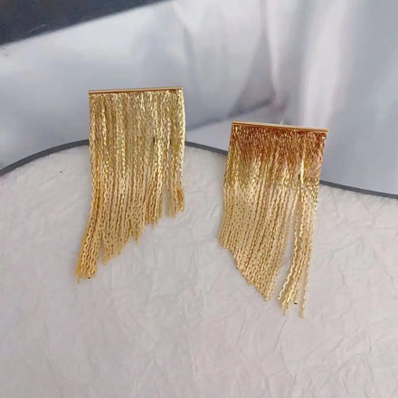 French Style Chunky Tassel Lines Earrings Shiny 18K Real Gold Plated Brass Stud Earrings Vintage