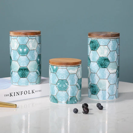 Wholesale Custom logo Luxury Kitchen Food Storage Jar Ceramic Coffee Tea Canister Kitchen Canister Sets with Wooden Lid