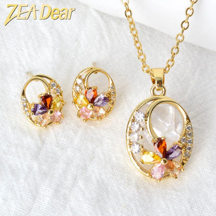 Zeadear Jewelry Fashion Jewelry Inlaid Colorful Zircon Petals Gold Hollow Pendant Necklace Earrings Set