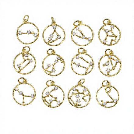 18K Gold Plated CZ Zodiac Sign Charms | Celestial Astrology Horoscope Circle Pendants with Cubic Zirconia for DIY Jewelry Making
