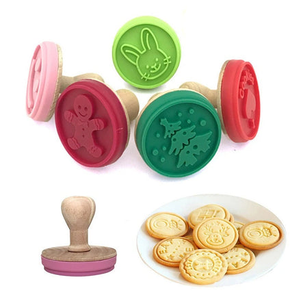 Silicone Cookie Stamps Christmas Pattern Heat Resistant Wood Handle Press DIY Biscuit Stamps Cake Molds for Baking Decoration