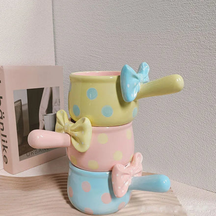 Ins Girl Heart Lovely Three-dimensional Bow Wave Point Handle Ceramic Bowl