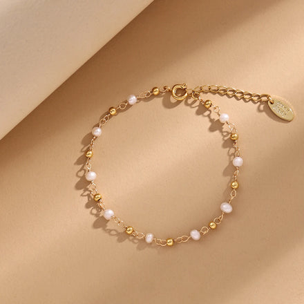 Hot Sale Freshwater Pearl Bracelet Women Gift Dainty PVD 18k Gold Plated Natural Pearl Bead Chain Bracelet
