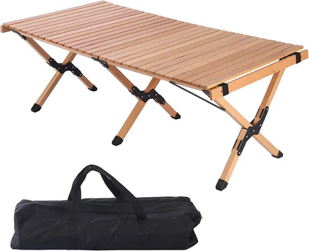 WOQI Wooden Rolling Table Lightweight Camping Picnic Beech Folding Easy Roll up Outdoor Tables Camping Table Folding
