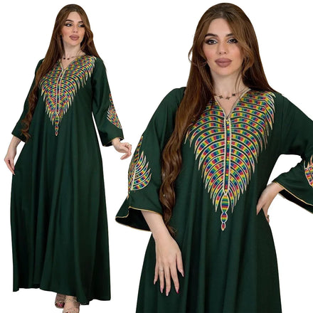 Factory OEM Casual Polyester Turkiye Arab Women Robe Round Neck Long Sleeve Fashion Embroidered Moroccan Is Oman Qatar Muslim