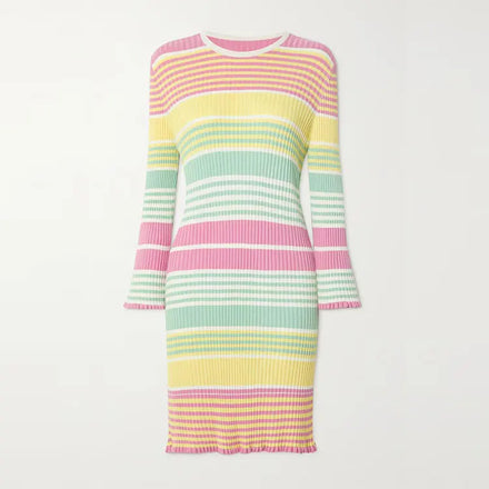 Knitwear Custom Colorful Stripe Crew Neck Flare Long Sleeve Rib Knit Women's Midi Sweater Dress Simple Summer Winter