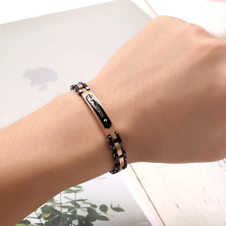 Luxury Mens Ceramic Bracelet Stainless Steel Black Link Chain with Wristbands Inlaid Black Zircon Adjustable