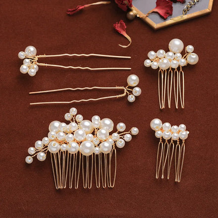 Hot-selling 5PCS Bridal Headwear Handmade Pearl Hair Comb Hair Pin Set Wedding Headpieces European-American Style Trendy Elegant