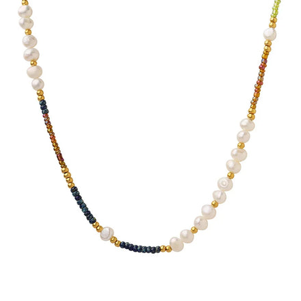 JOOLIM High End Stainless Steel Bohemia Style Fresh Water Pearl Natural Stone Glass Necklace 18K Gold Plated Jewelry Wholesale