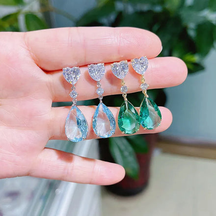 Huitan Sea Blue Green Color Crystal Wedding Party Jewelry Women Waterdrop Cubic Zirconia Long Dangle Drop Fancy Bridal Earrings