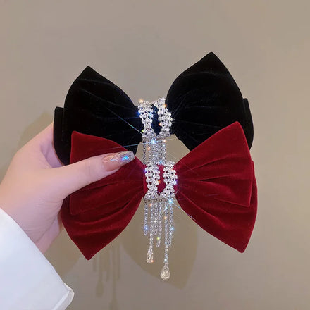Bling Bling Rhinestone Headdress Beading Hair Accessories Bow Hairpin Crystal Fringe Tassel Velvet Bowknot Hair Clip