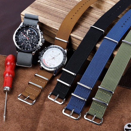 Ribbed Nylon Replacement Watch Bands Design Striped Colors Vintage Maroon 18 20 22mm Fabric Adjustable Single Pass Style