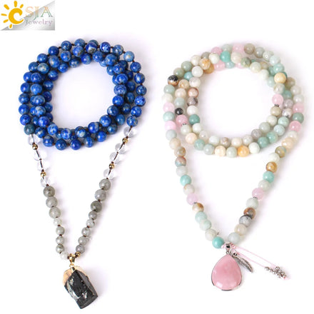 CSJA Wholesale Crescent Moon Healing Natural 7 Chakra Gemstone Long Beaded Mala Necklace with Tassel H086