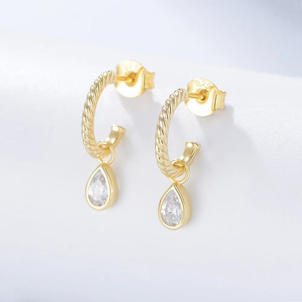 925 Sterling Silver Earrings C Shape Hook Water Drop Zircon Pendant Gold Plated Hoop Stud Earrings for Women 925 Earrings