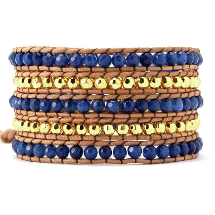 2026 Boho Style Genuine Leather Wrap Bracelet for Ladies Blue Gold Hematite Jade Beads Ethnically Fashionable Gifts Bulk Jewelry