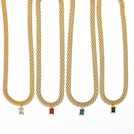 Fenny PVD Plated Permanent Colorful Green Clear Black Red Rectangle Pendant Band Necklace Stainless Steel Jewelry Wholesale