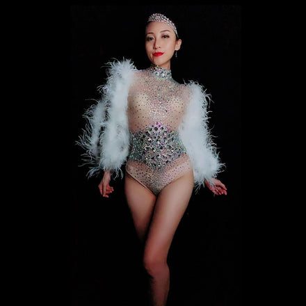 Sexy See Through Feather Rhinestone Party Club Exotic Stripper Dance Leotard Stage Performance Jumpsuits Women Bodycon Bodysuits