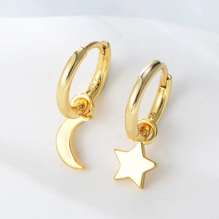 925 Sterling Silver Earrings Asymmetrical Plain Moon Star Pendant Gold Plated Hoop Earrings for Women 925 Earrings