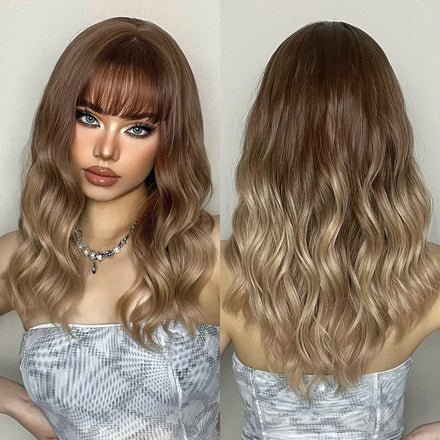 Long Honey Brown Wavy Synthetic Wigs with Bangs Shoulder Length Curly Ombre Brown Wig for Women Natural Looking Hair