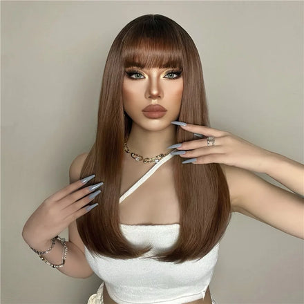 Factory Outlet MOQ1Long Brown Straight Synthetic Wigs with Bangs Ombre Brown Thick Hair Wig for Women High Temperature Fiber