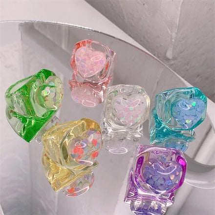 Korean Version INS Love Square Geometric Acrylic Ring Glitter Sequin Transparent Resin Ring for Women