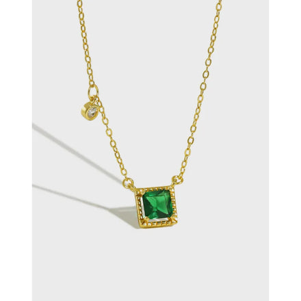 925 Sterling Silver Green Zircon 18K Gold Necklace Tiny Small Pendant Statement Necklaces Square Luxury Necklaces for Women