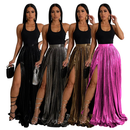 Summer Women Vintage Irregular Side Slit High Waist Pleated Skirts Casual Maxi Dress Women Long Skirts