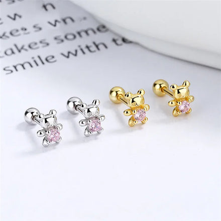 SP Women Fashion Cute Style Bling Bear Jewelry 925 Sterling Silver Pink Zircon Bear Stud Earrings