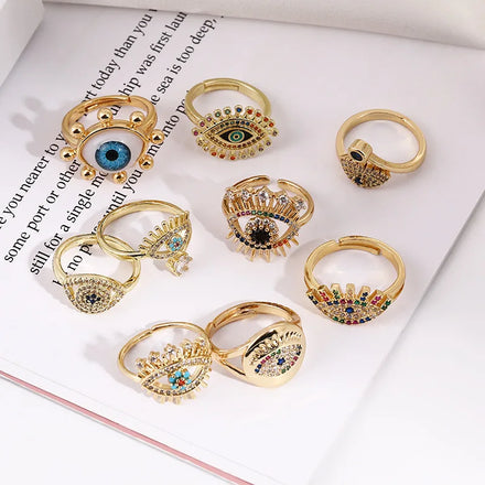 2025 Crystal Fashion Colorful Oil Drop Zircon Ring Evil Eye Open Ring