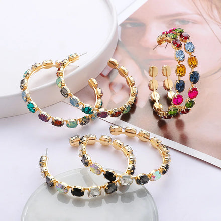 Fashion Jewelry 18k Gold Plated Oval Stone Colorful Hoop Earrings 58mm C Shape Big Diamond Crystal Hoop Earring