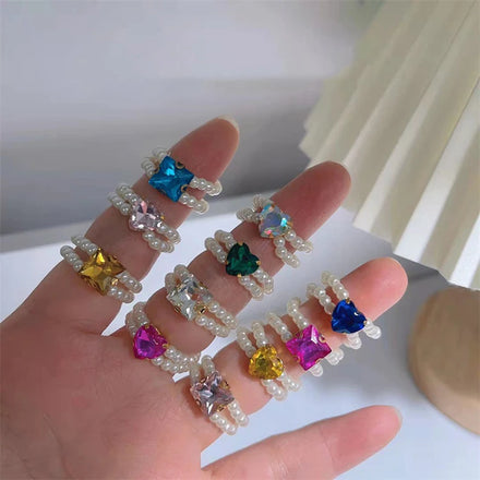 Korean Version Fashion Stretch Double Layer Pearl Love Heart Acrylic Ring Colors Gemstone Resin Ring for Women