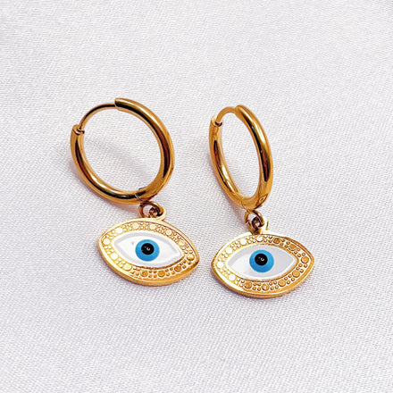 Tarnish Free Women Earrings 18k Gold Plated Small Dangle Hoop Earrings Hypoallergenic Dainty Evil Eye Huggie Hoop Earrings
