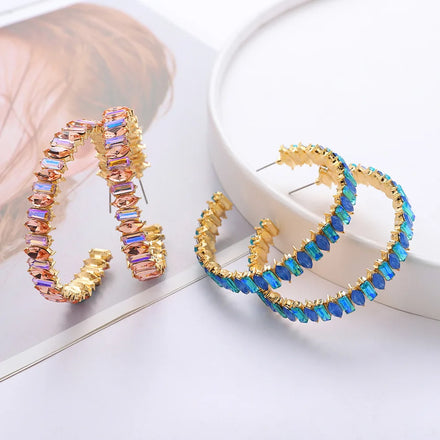 Fashion Jewelry 18k Gold Plated Rectangle Olive Stone C Shape Hoop Earrings Medium Siza 58mm Big Diamond Crystal Hoop Earring