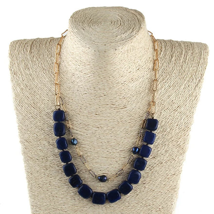 Punk Two Layer Link Chain Square Lapis Lazuli Dark Blue Crystal Glass Pearl Necklace