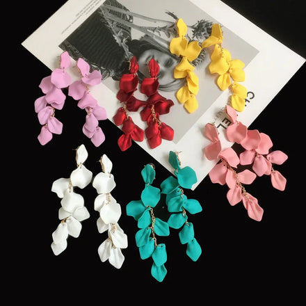 Hawaiian Colored Acrylic Rose Flower Petal Earrings Long Tassel Big Flower Earrings for Women