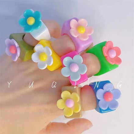 Y2k Jewelry Resin Yellow Sun Flower Chunky Rings Bijoux Bague Femme Original Korea Style Colorful Flower Ring
