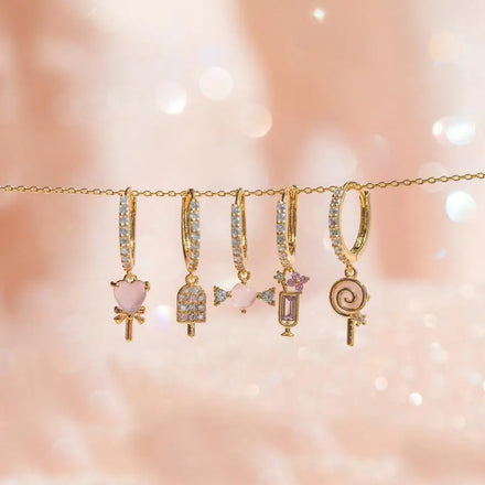New Designer Lovely Zircon Hoop Ear Ring Cute Girl Pink Ice Cream Candy Copper Plated 18k Gold Huggie Pendant Earrings for Women