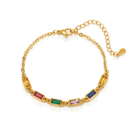 Vintage Heart Pendant Adjustable Bracelet 18K Gold Plated Inlay Square Colorful Crystal Stainless Steel Chain Bracelet