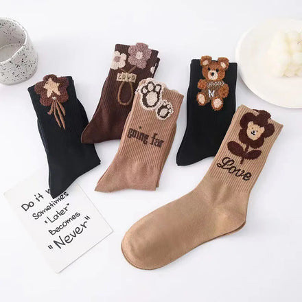 Women's Mid-Tube Socks 100% Cotton Breathable Knitted Three-dimensional Cartoon Stockings for Fall and Winter