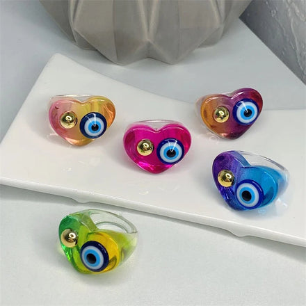 European American Style Gradient Candy Colors Love Heart Acrylic Ring Vintage Devil Eye Resin Ring for Women